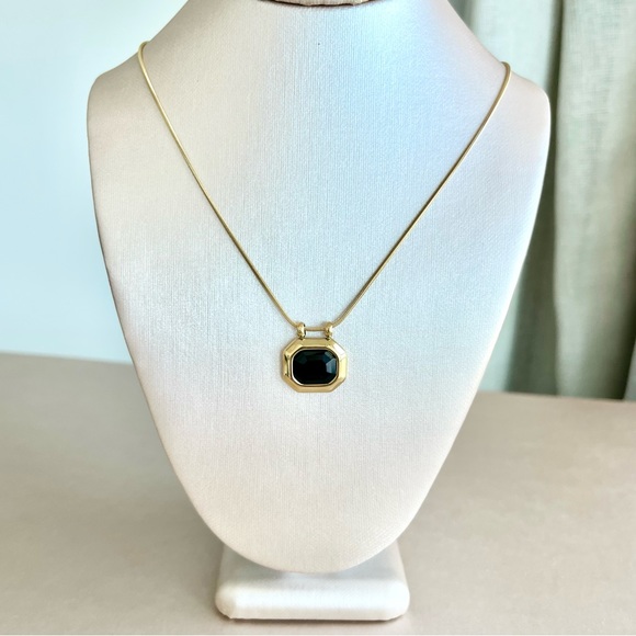 18K Gold Plated Stainless Steel Square Black Crystal Pendant Necklace - Picture 1 of 6